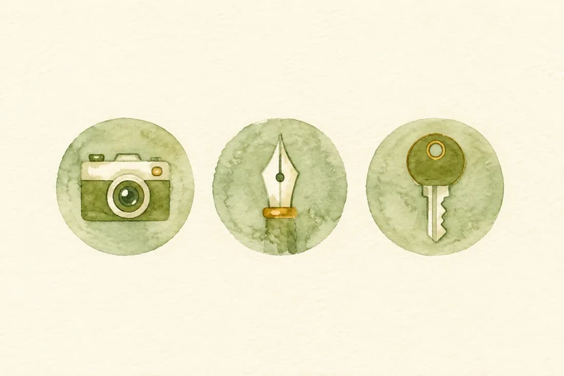 Watercolour camera, pen and house key